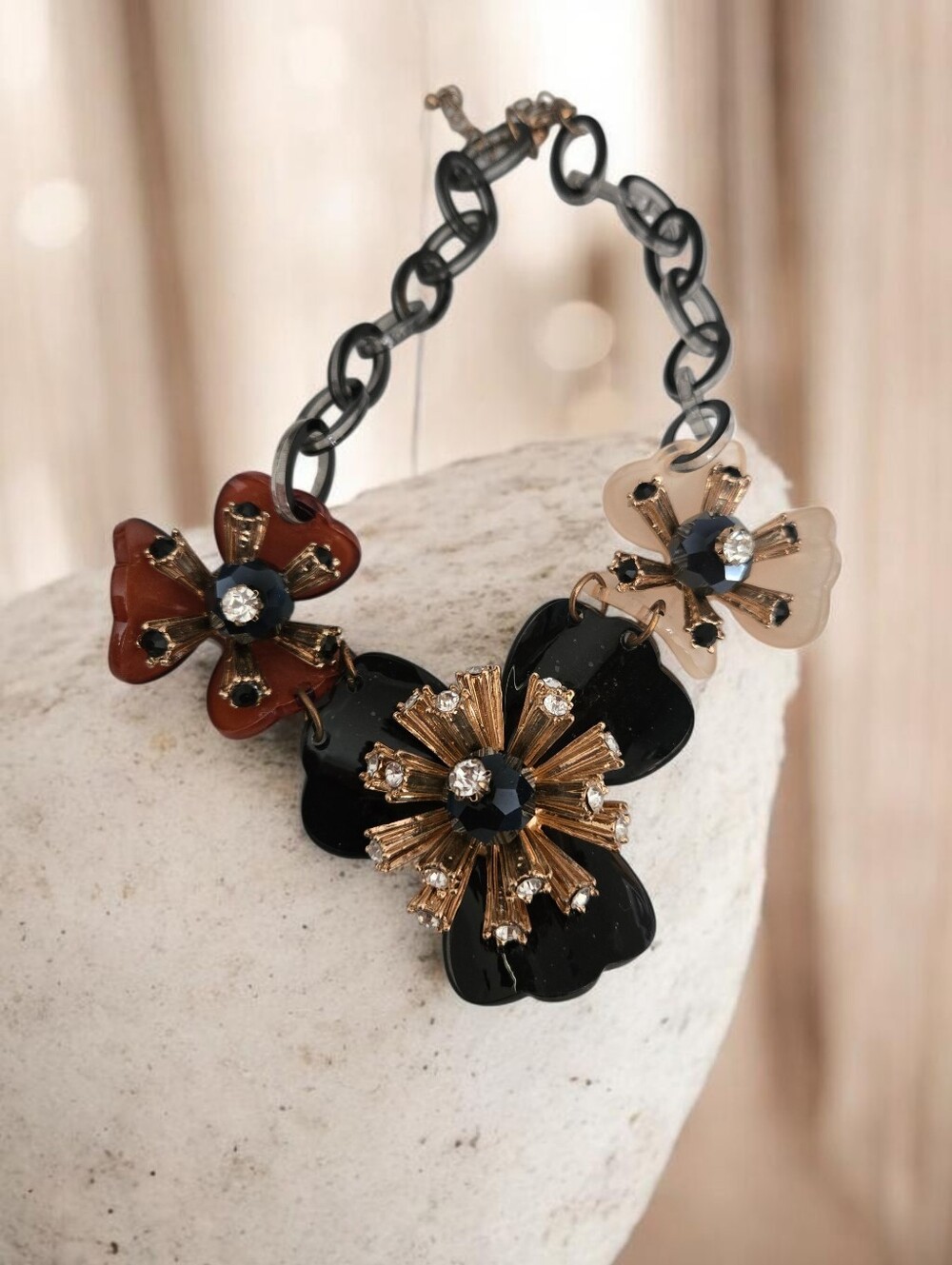 Floral Cluster Statement Necklace in Black, Brown & Cream